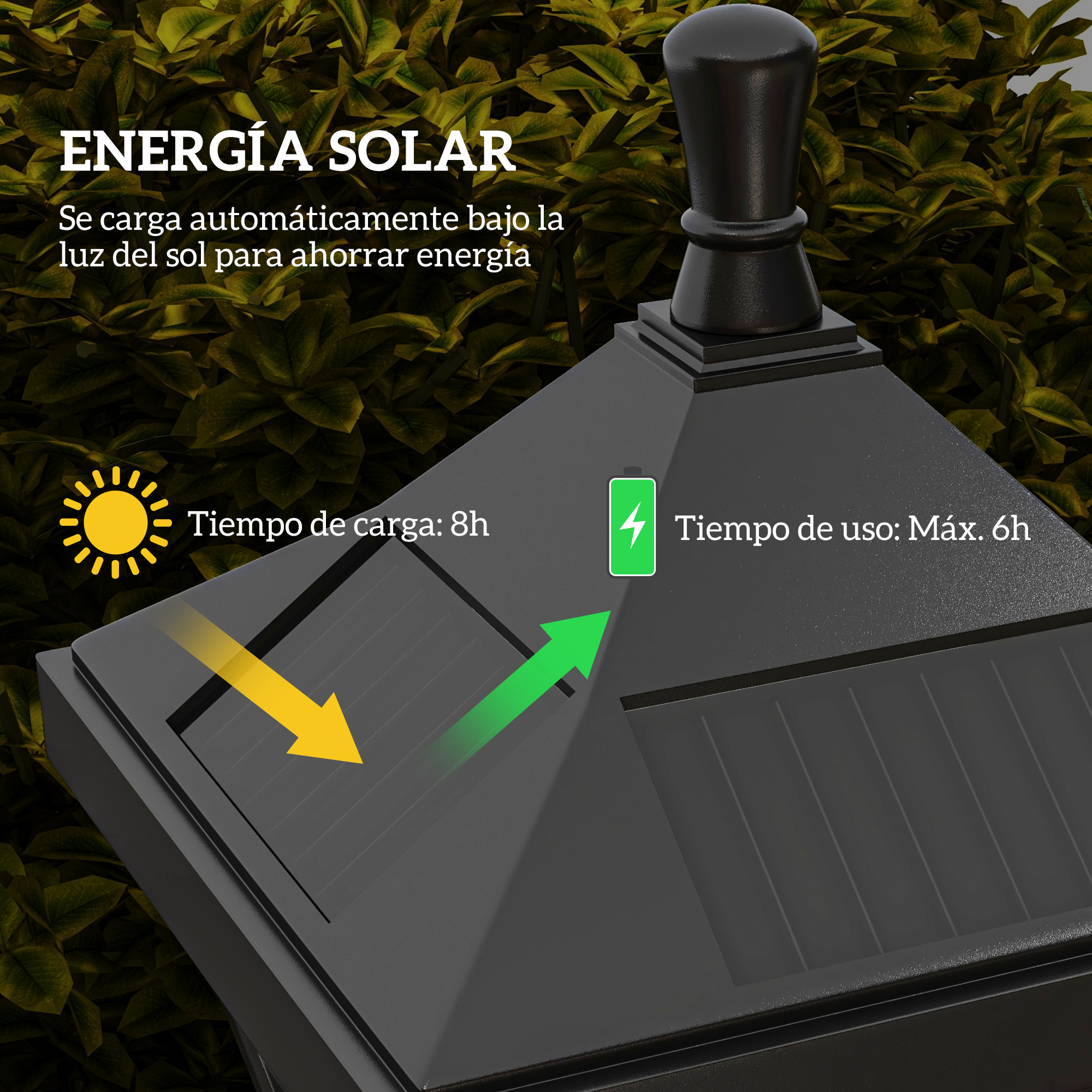 Lámpara solar muestra el tiempo de carga y uso. Hojas verdes en el fondo.