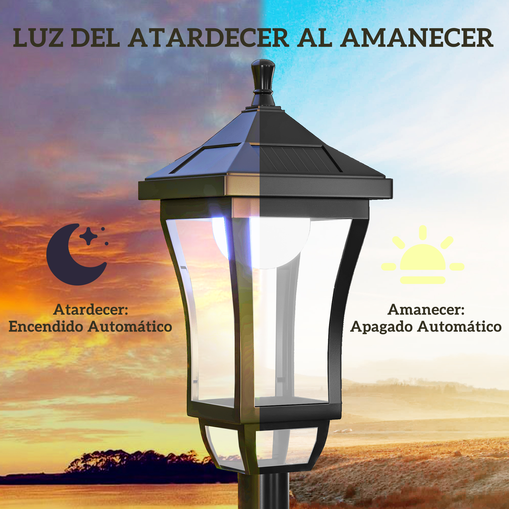 Un poste de lámpara solar con una ilustración de atardecer y amanecer. Muestra la función de encendido/apagado automático.