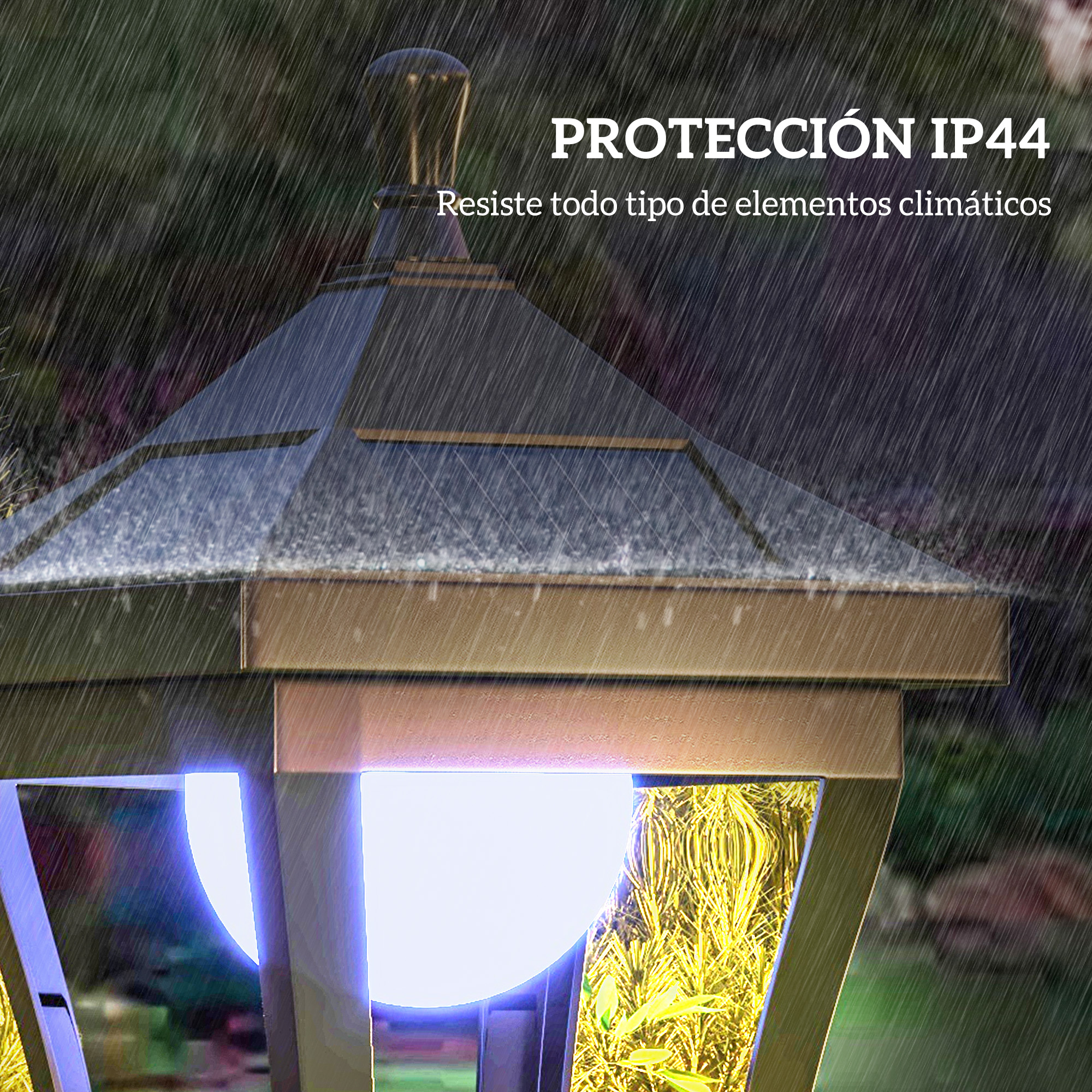 Primer plano de una farola bajo la lluvia. El texto dice "Protección IP44, resiste todo tipo de elementos climáticos".