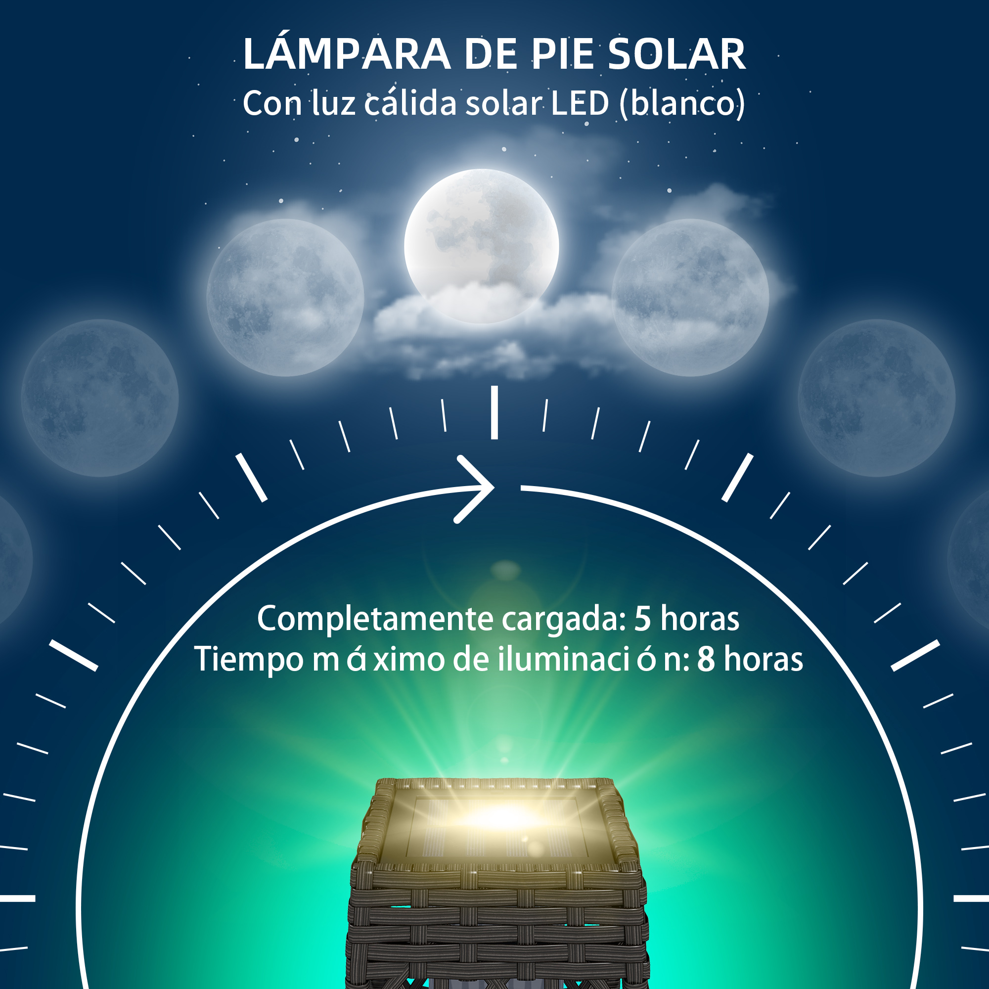 Una ilustración de una lámpara solar que muestra el tiempo de carga y el tiempo máximo de iluminación con un fondo de cielo nocturno.