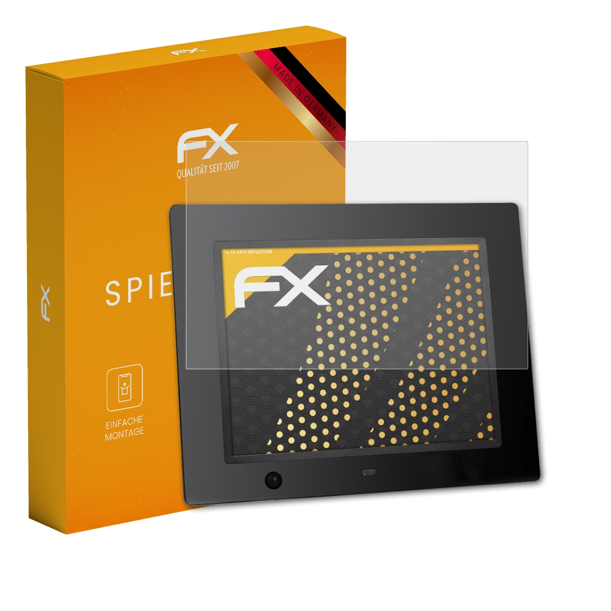 Eine orangefarbene Box mit Displayschutzfolie und einem schwarzen digitalen Fotorahmen.