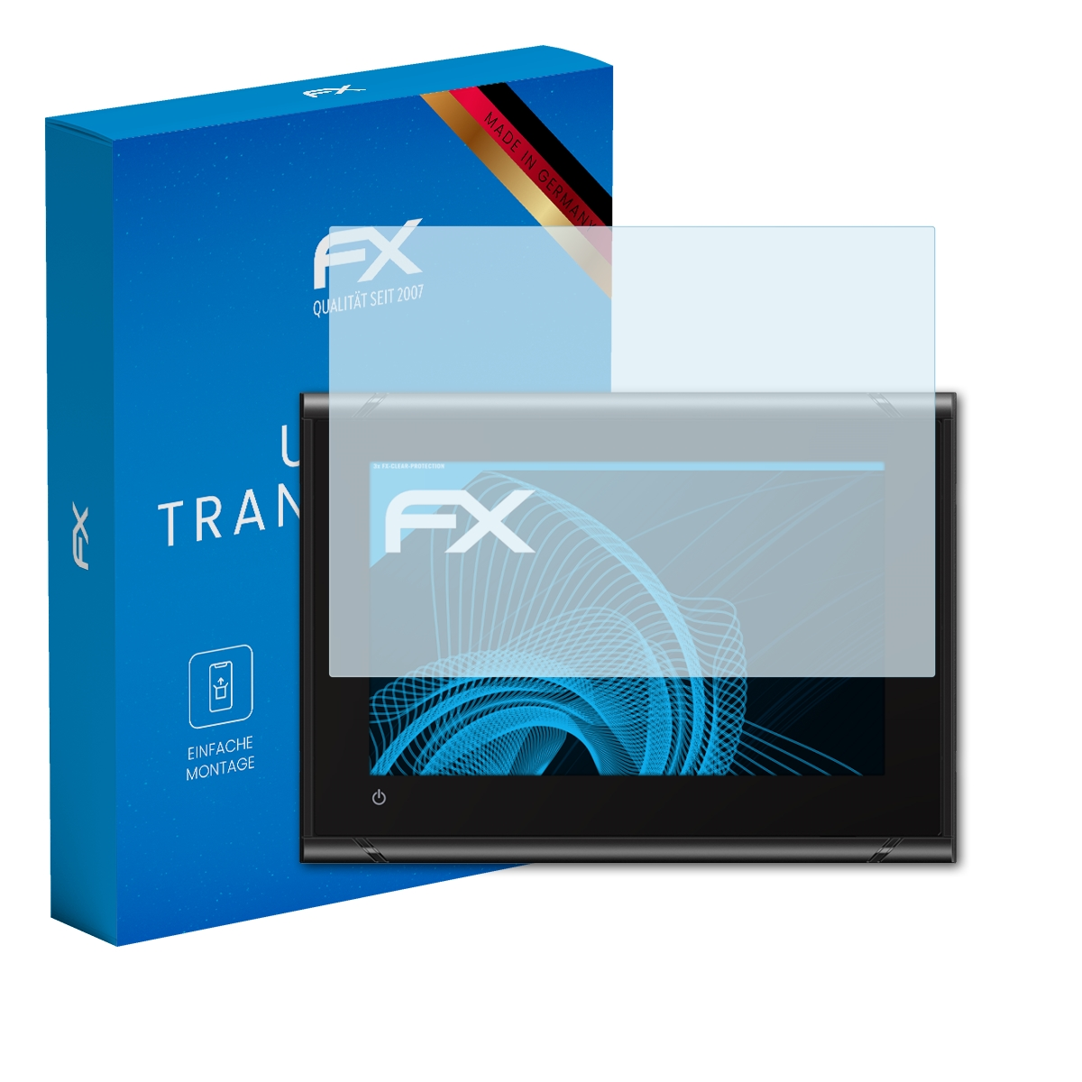 Ein schwarzes Tablet mit Displayschutzfolie neben der blauen Box.