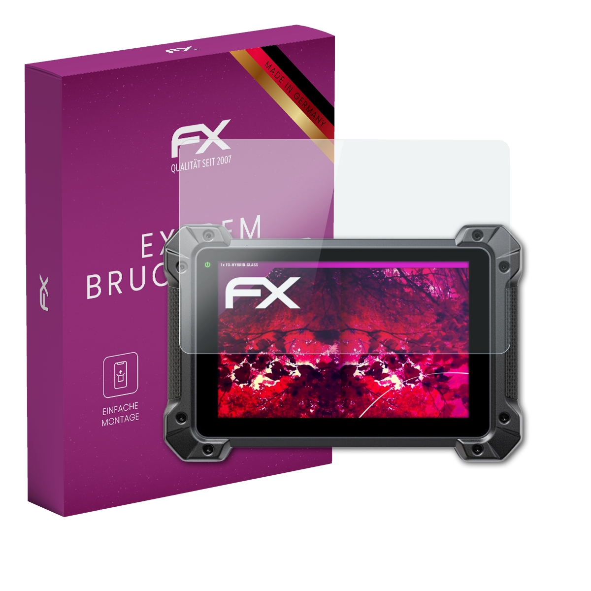 Ein Gerät mit Displayschutzfolie und einer violetten Box. Der Bildschirm zeigt eine Oberfläche.