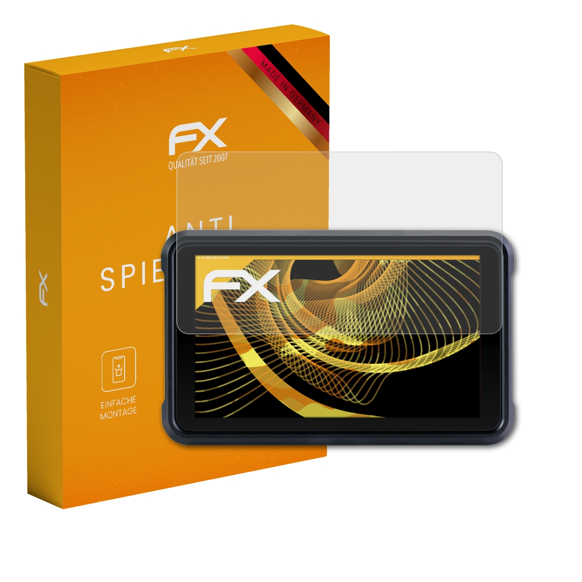 Ein Gerät mit Displayschutz, mit einer orangefarbenen Box links. Das Gerät hat ein Display.