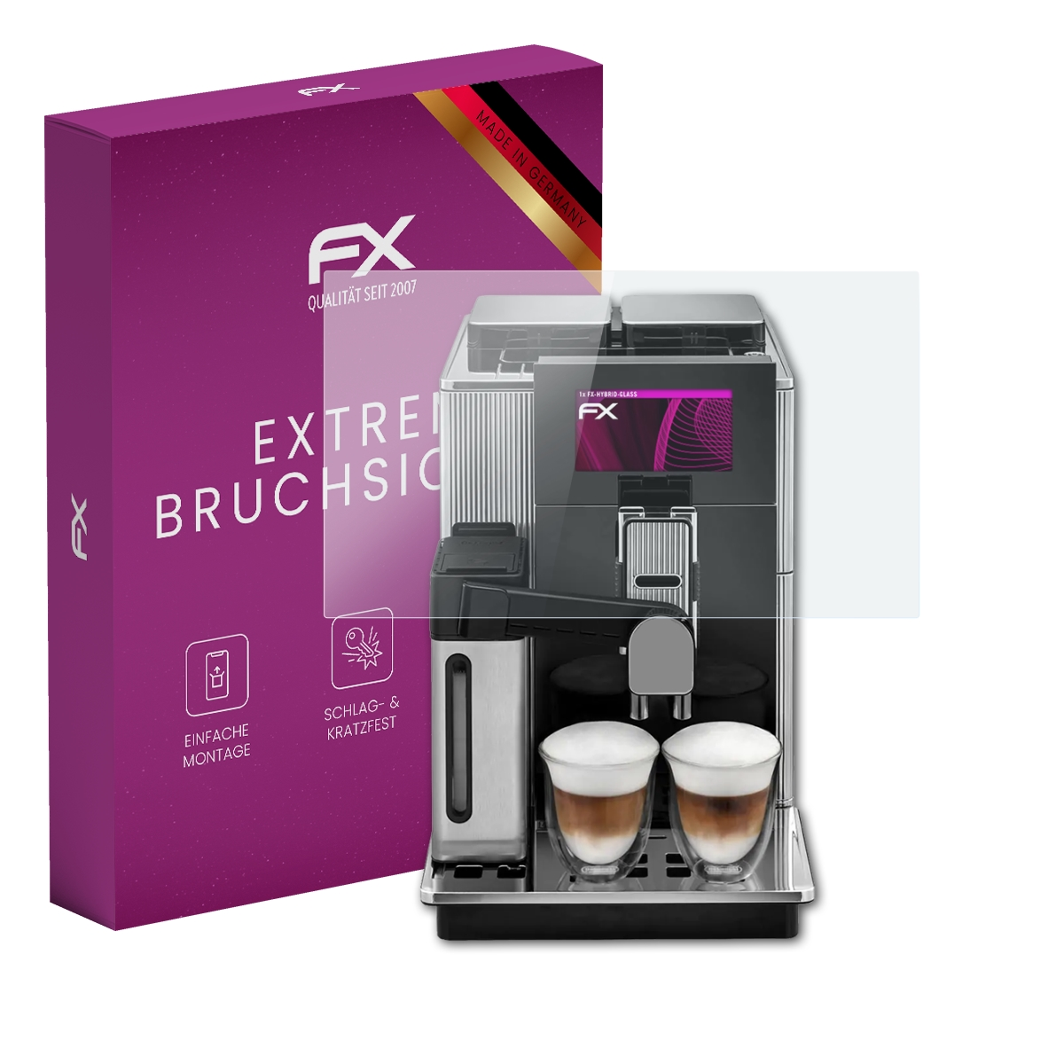 Eine violette Schachtel mit Displayschutz auf einer schwarz-silbernen Kaffeemaschine.