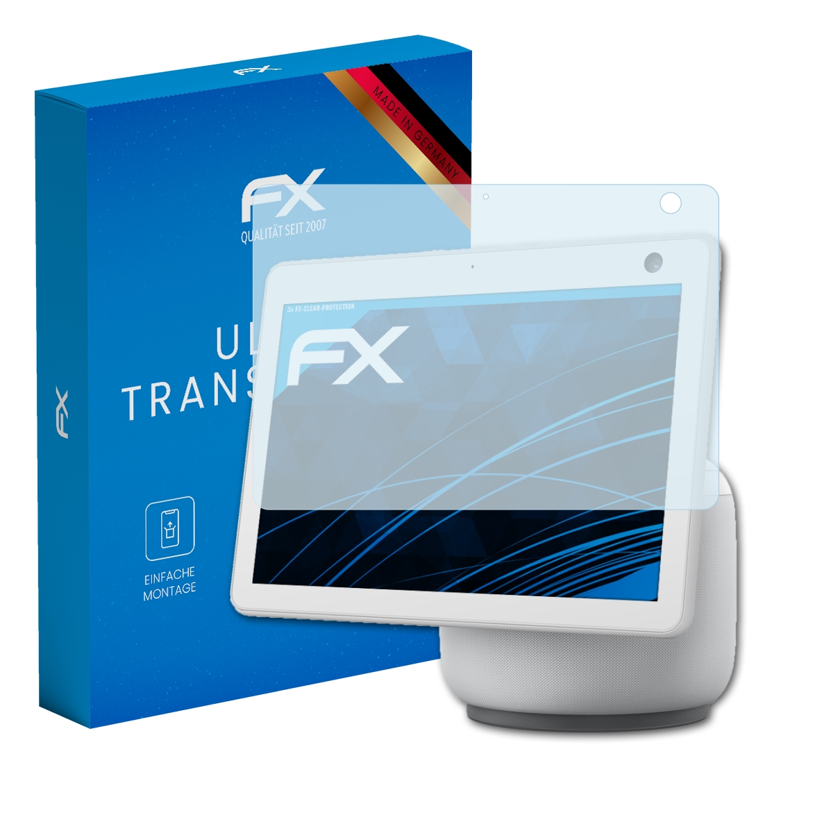Ein weißer intelligenter Lautsprecher mit Displayschutzfolie und eine blaue Box mit Text.