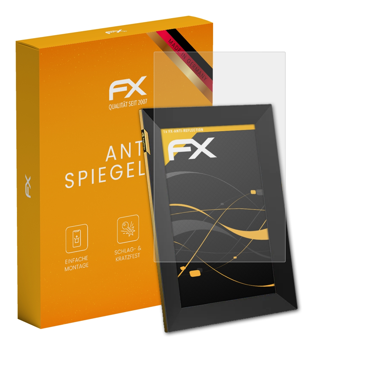 Bilderrahmen mit Displayschutz und einer orangefarbenen Box mit Markenlogo.