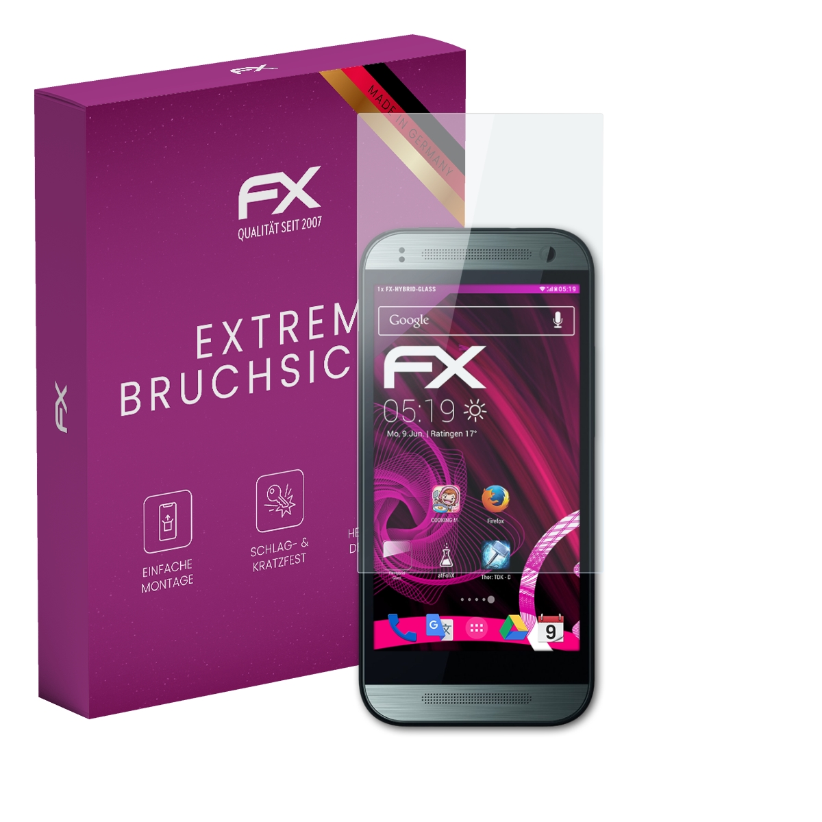 Smartphone mit Displayschutzfolie und einer lila Box mit Markenlogo.