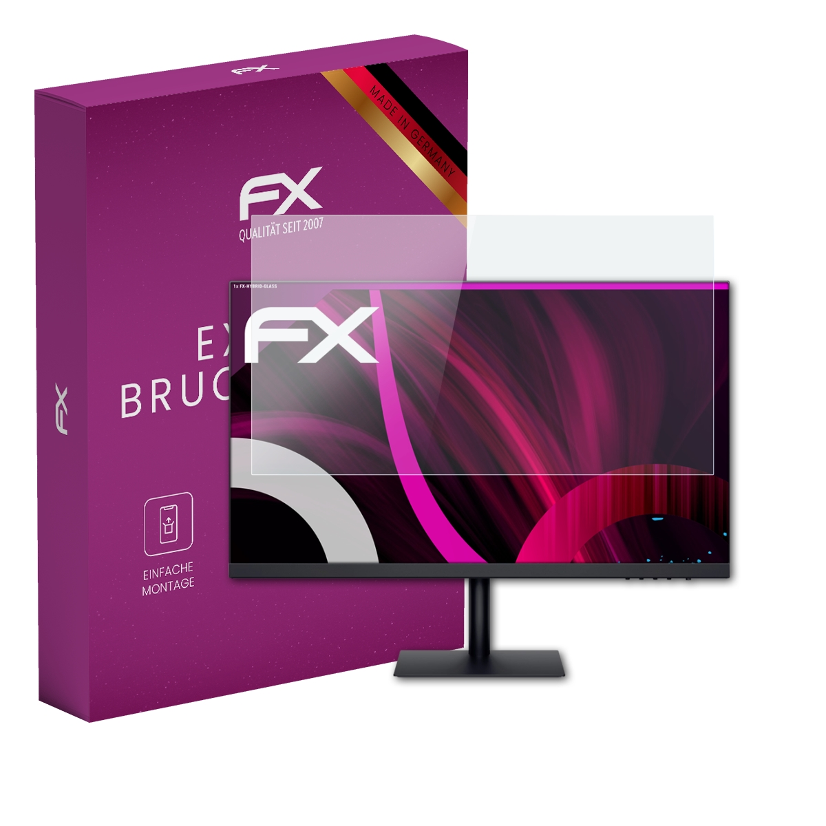 Eine Schachtel und ein Monitor mit Schutzfolie. Der Monitor zeigt eine UI mit rosa und violetten Farben. Die Schachtel hat Text.