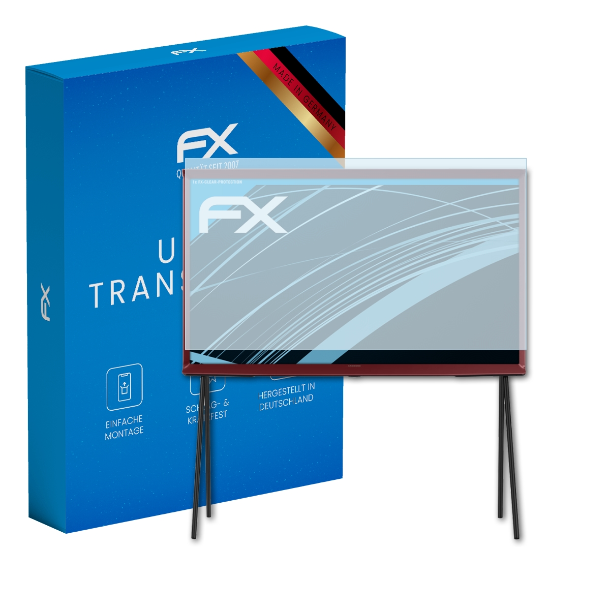 TV-Bildschirm mit Schutz, Box. Blaue Box mit Schutz für TV. TV-Bildschirm ist rot mit schwarzen Beinen.