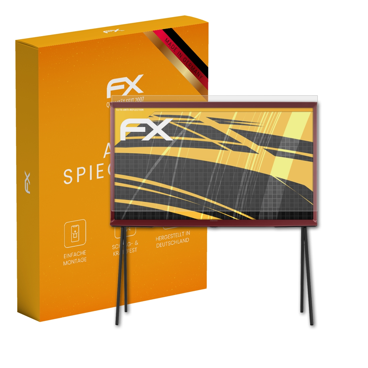 Orangefarbene Box, ein TV und Displayschutz. Der Bildschirm hat ein gelb-schwarzes Muster.