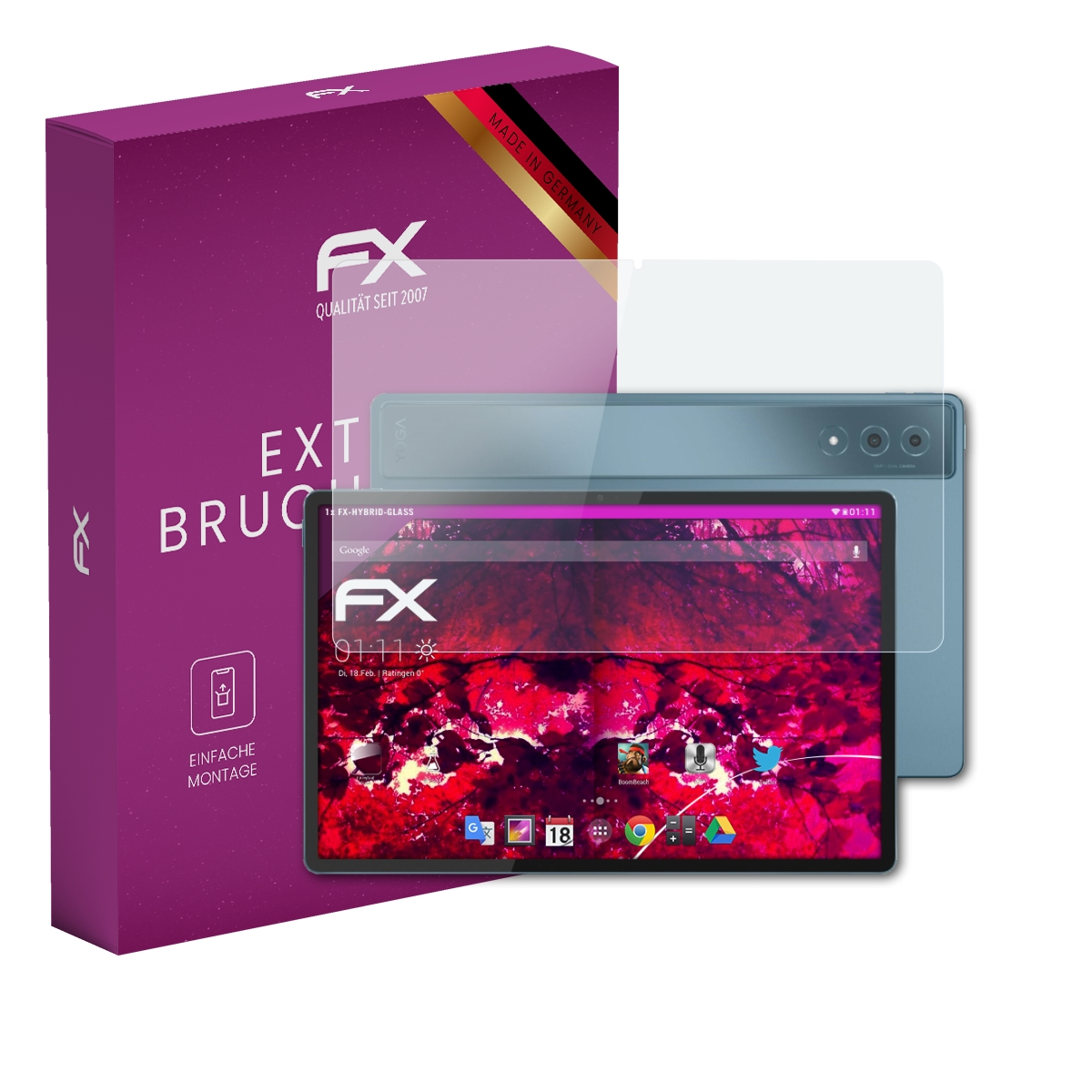 Lila Box mit Tablet, Displayschutz und Bildschirm mit Apps.