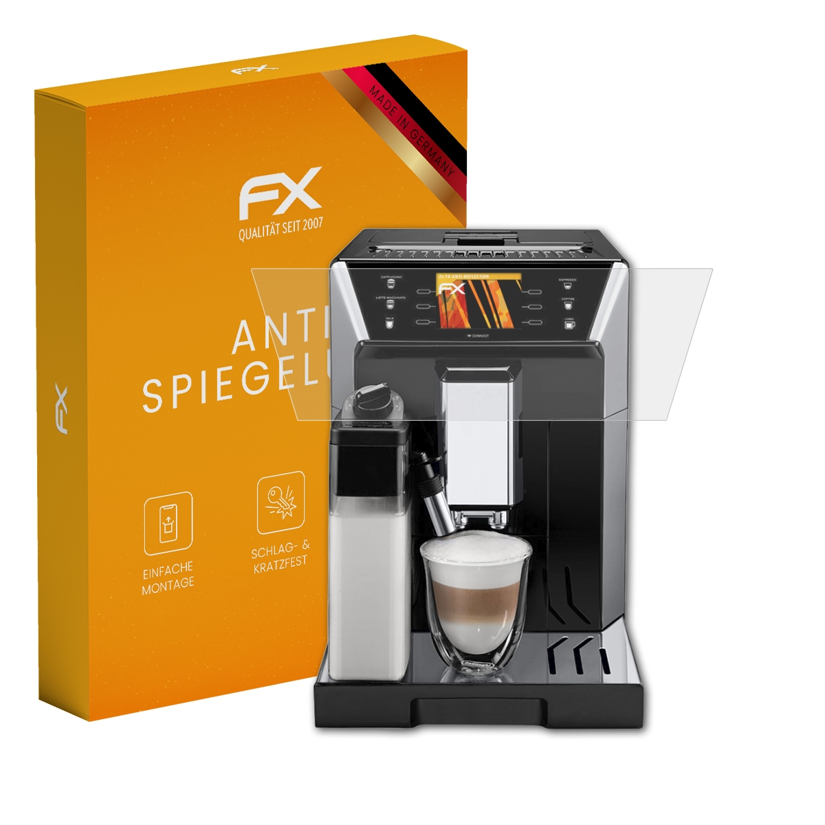 Kaffeemaschine mit Displayschutz, Box im Hintergrund.
