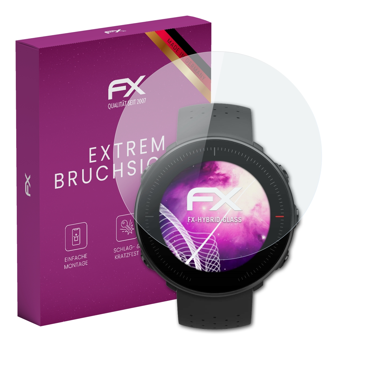 Smartwatch mit Displayschutz und FX-Box, zeigt eine lila Grafik.