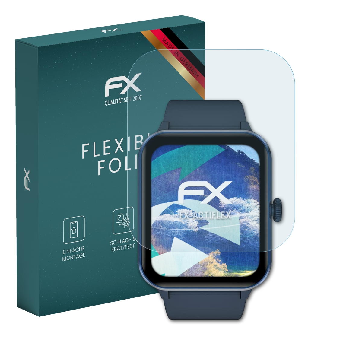 Eine Smartwatch mit Displayschutz und eine türkisfarbene Box mit Produktdetails.
