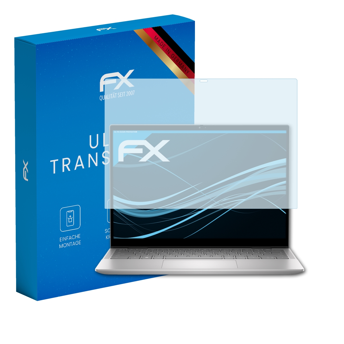 Blaue Box mit FX-Logo und Displayschutz über Laptop. Hergestellt in Deutschland.