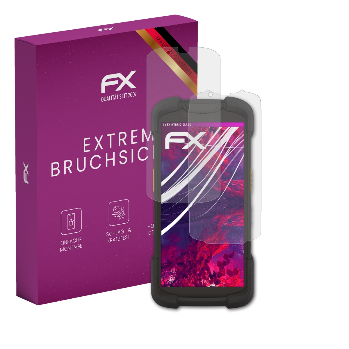 Ein robustes Smartphone mit Displayschutz, neben einer lilafarbenen Box mit Text.