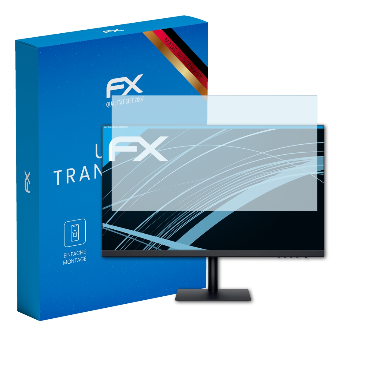 Blaue Box mit FX-Logo und Displayschutz über einem Monitor. Hergestellt in Deutschland.