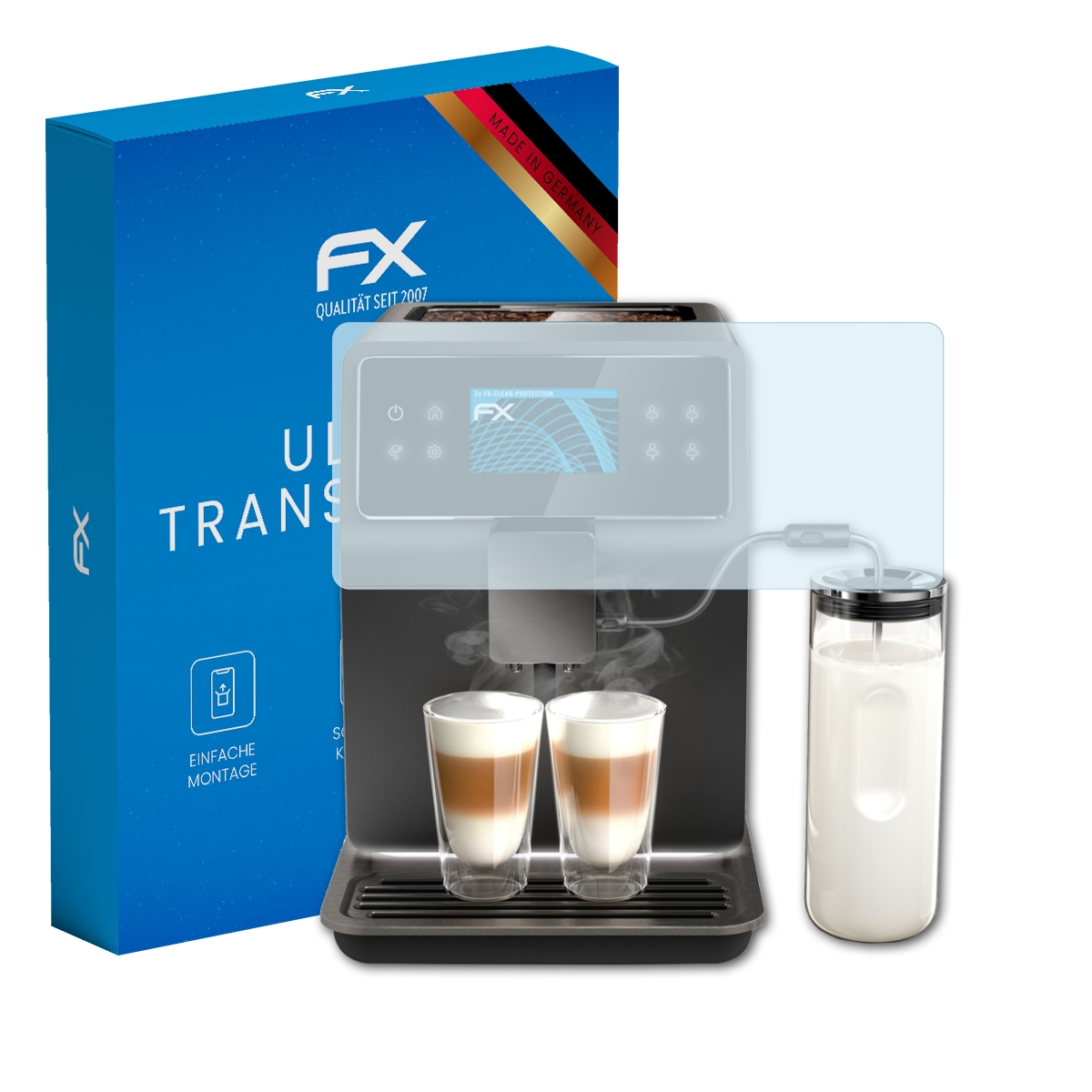 Espressomaschine mit Displayschutzfolie, blaue Schachtel links. Maschine hat Latte-Gläser, Milchbehälter.