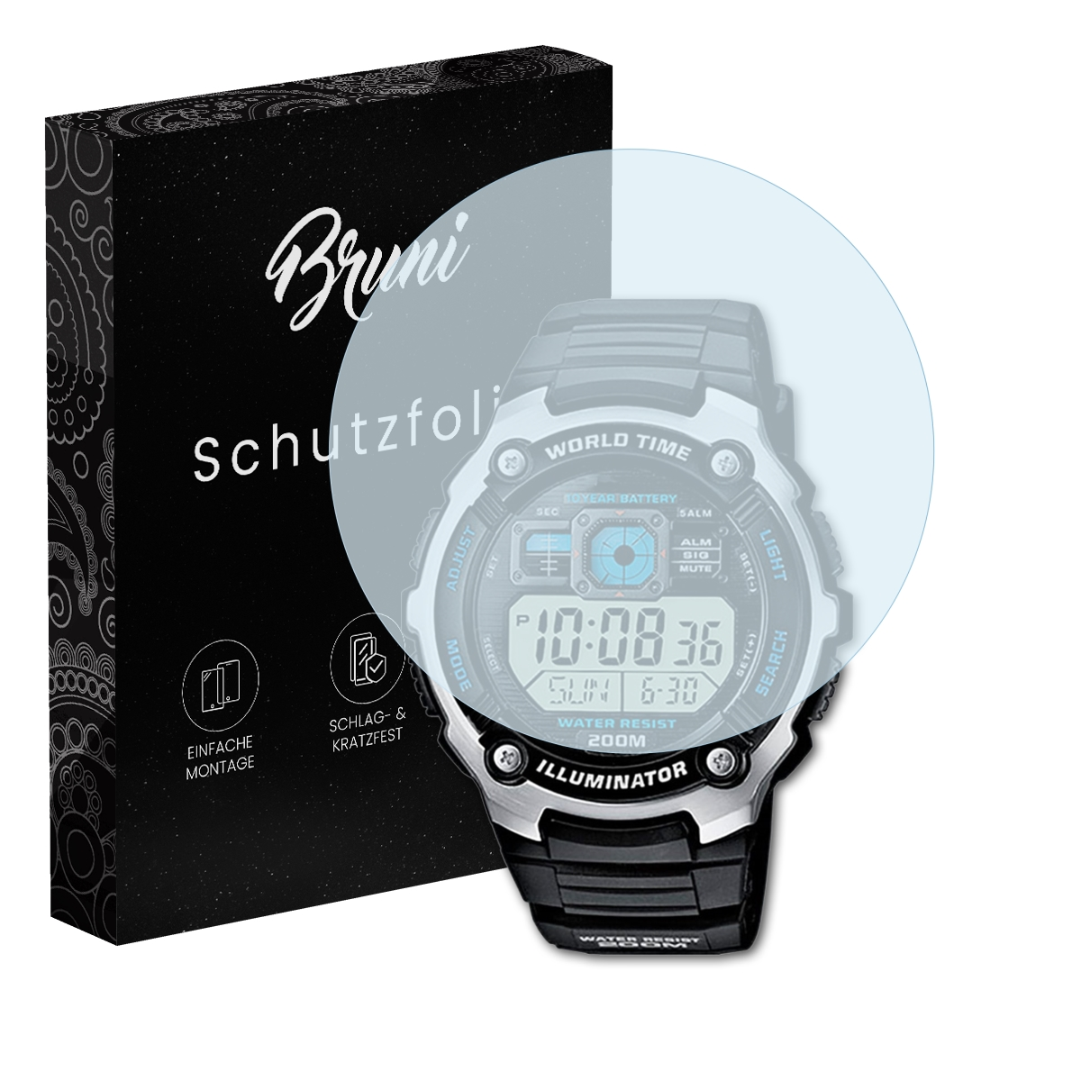 Uhr mit Displayschutz und Box. Auf der Box steht 'Bruni Schutzfolie'. Schutz über dem Uhrenbildschirm.