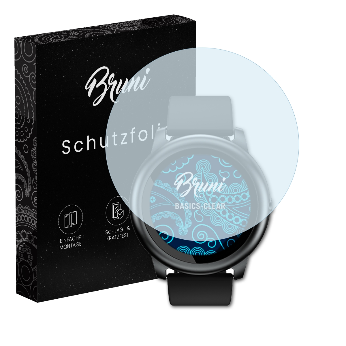 Ein Displayschutz und eine Schachtel. Die Schachtel ist schwarz mit weißem Text. Der Displayschutz befindet sich auf einer Uhr.