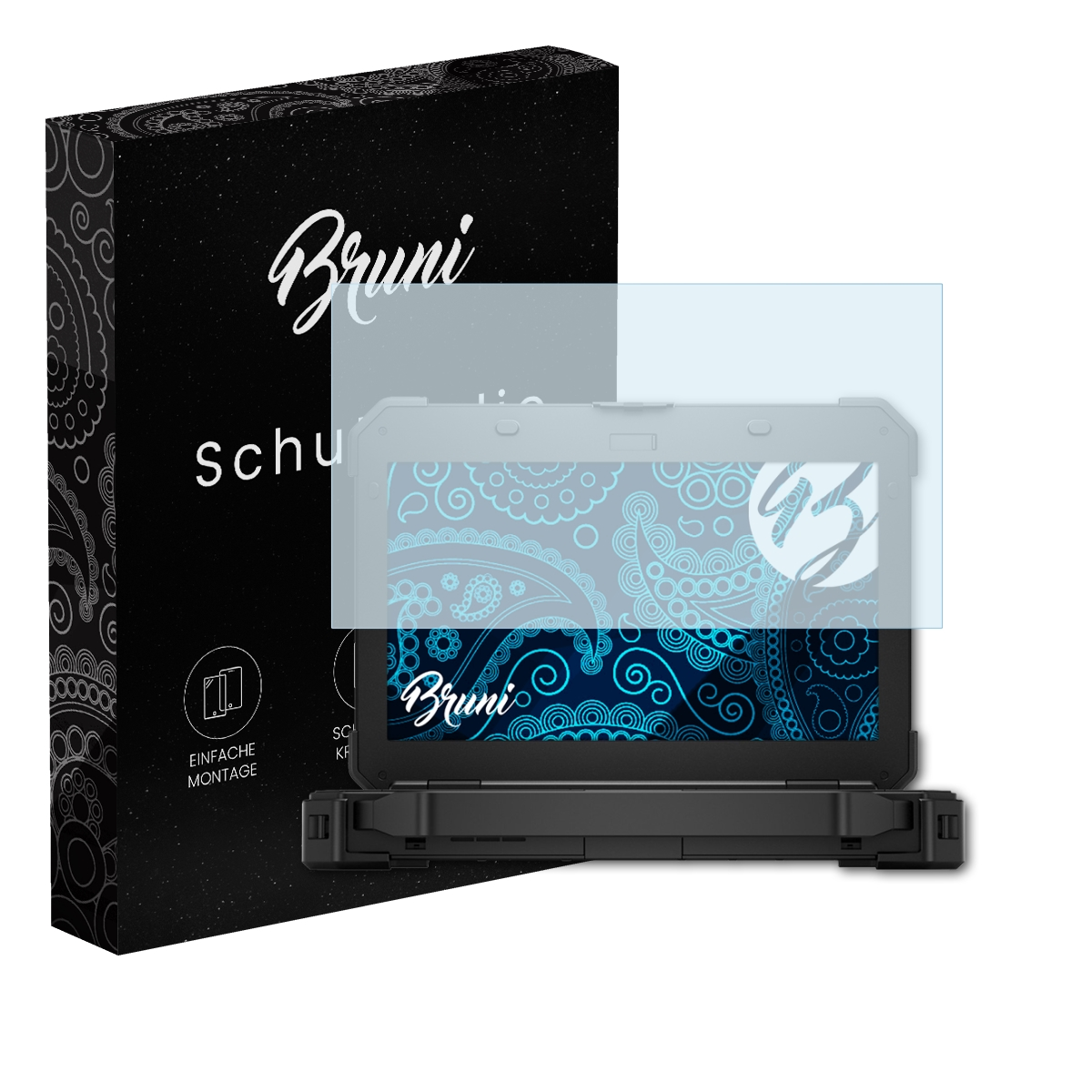 Tablet mit Displayschutz, schwarze Box mit weißem Text und Symbolen. Die Marke ist Bruni.