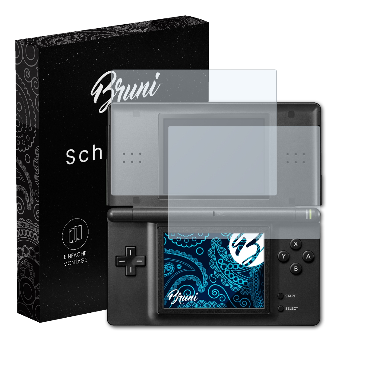 Konsole mit Displayschutz, Box im Hintergrund. Der Schutz bedeckt den Bildschirm.