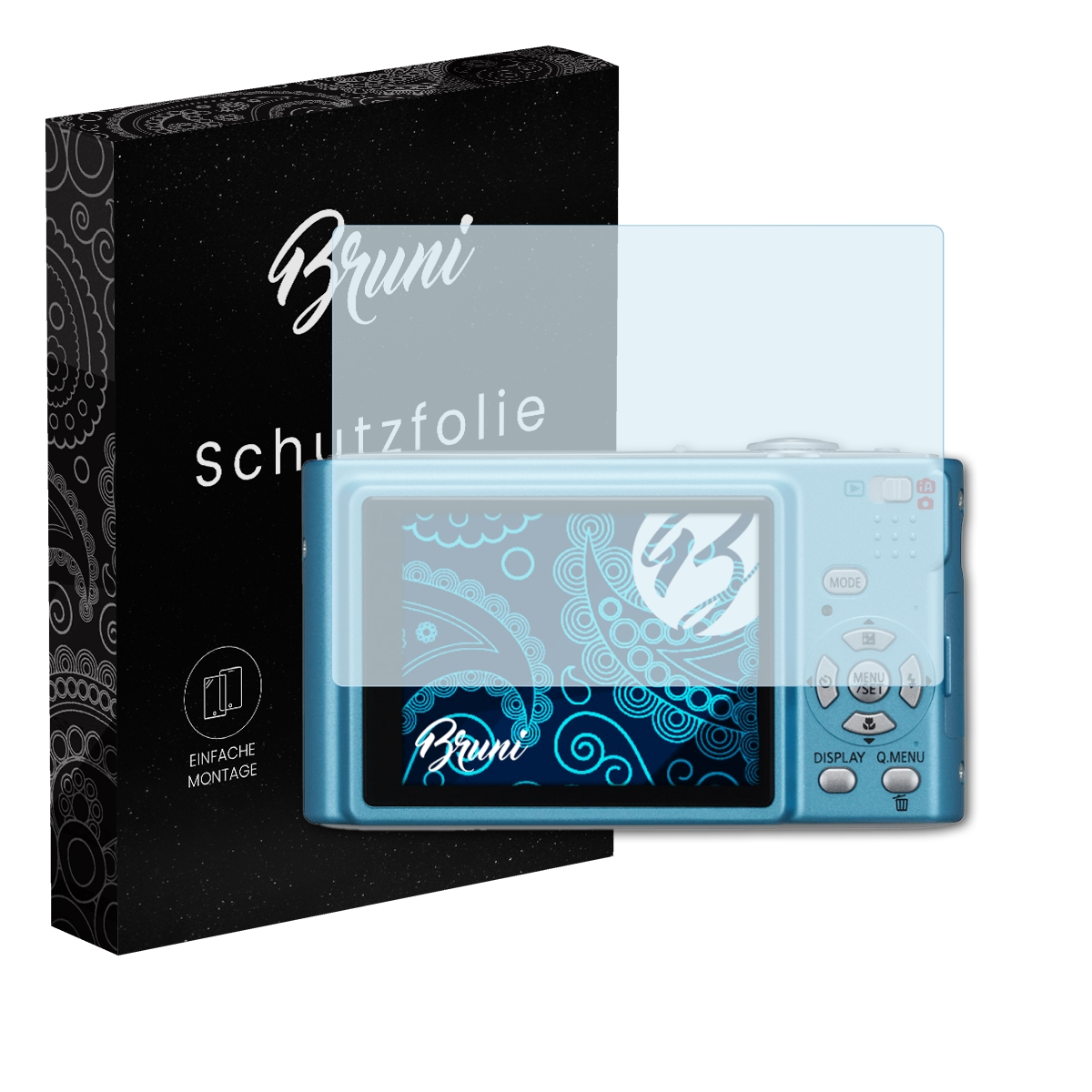 Digitalkamera mit Displayschutz, Box dahinter. Der Schutz bedeckt den Bildschirm.