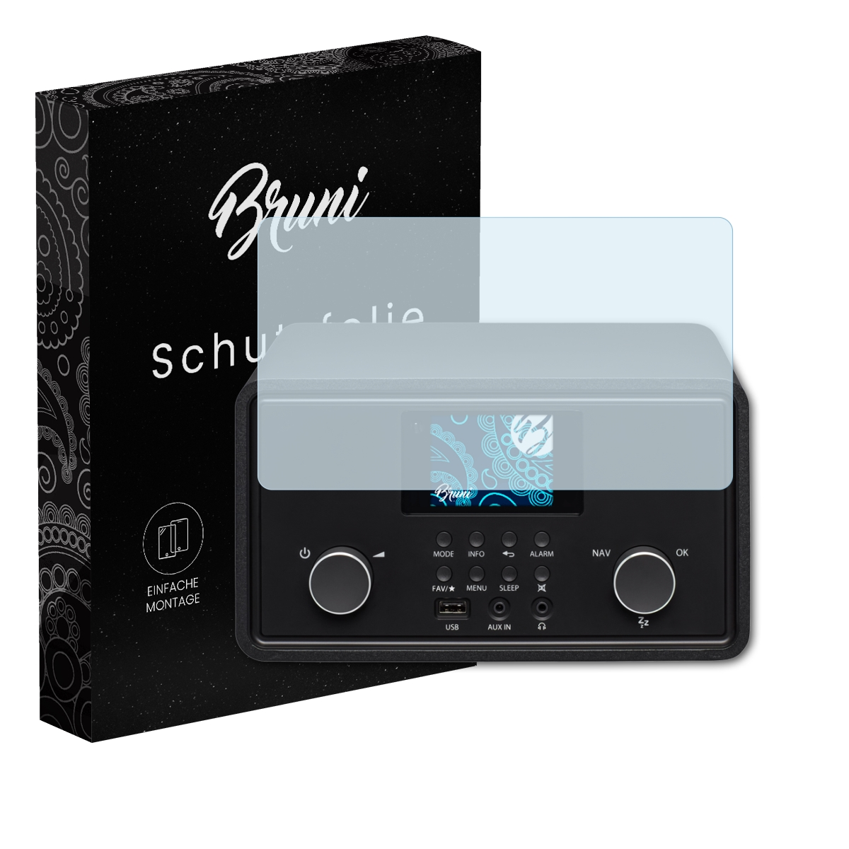 Ein Radio mit Displayschutzfolie. Auf der linken Seite steht 'Bruni'. Der Schutz ist klar.