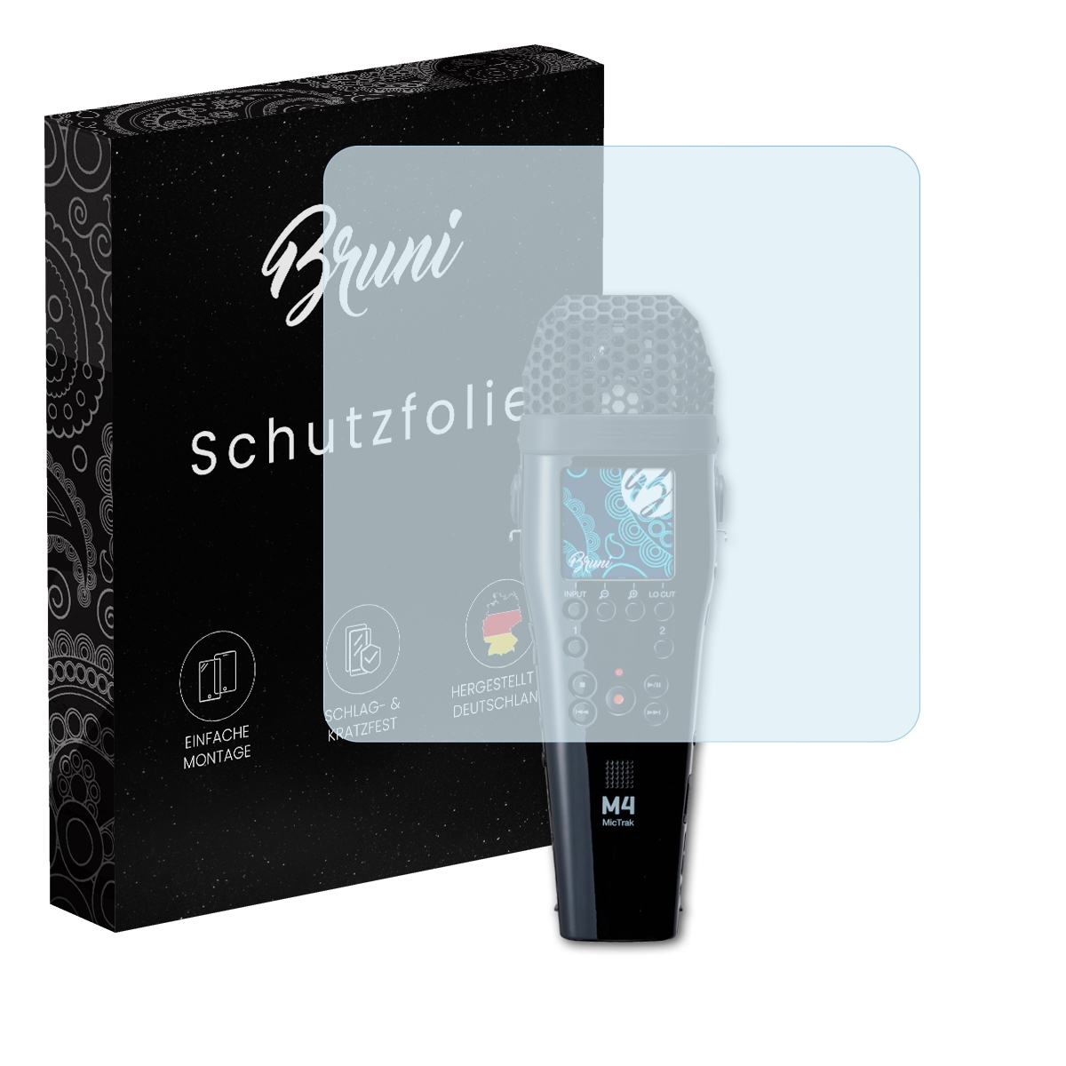 Mikrofon mit Displayschutzfolie und Box. Bildschirm zeigt blaues Blumendesign.
