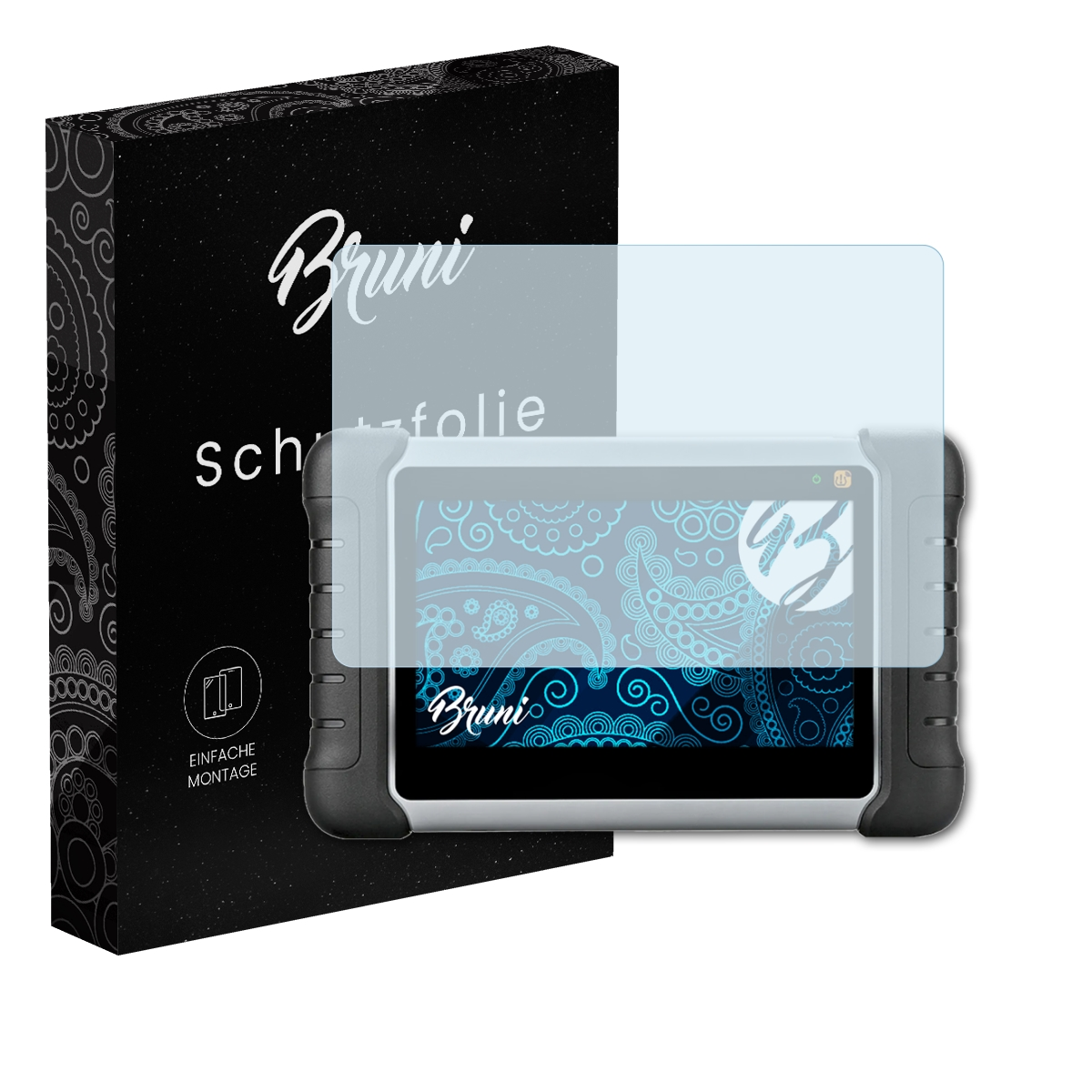 Displayschutzfolie auf einem Gerät mit einer Box, beide mit Logos und Text.