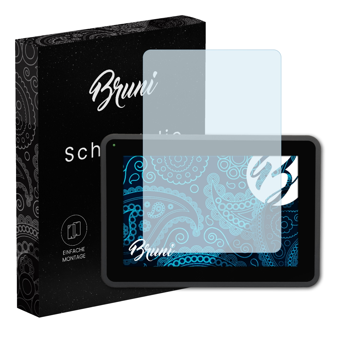 Schwarze Box mit Tablet und Displayschutz. Tablet hat blaues Muster. Text: Bruni Schutzfolie.