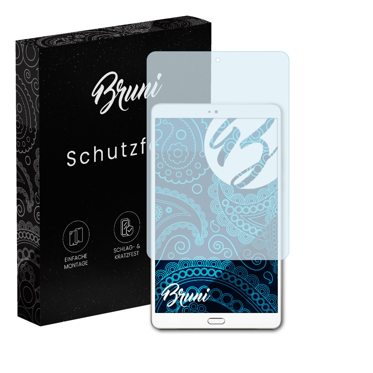 Ein weißes Tablet mit Displayschutzfolie, eine Schachtel im Hintergrund.