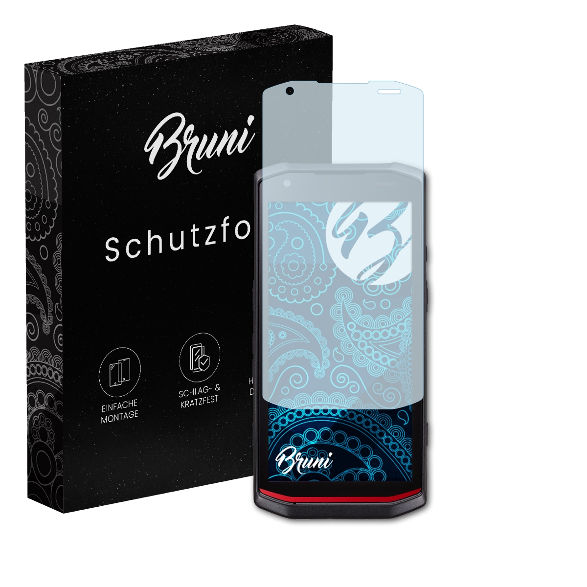 Schwarzes Telefon mit Schutzfolie und eine schwarze, gemusterte Box im Hintergrund.