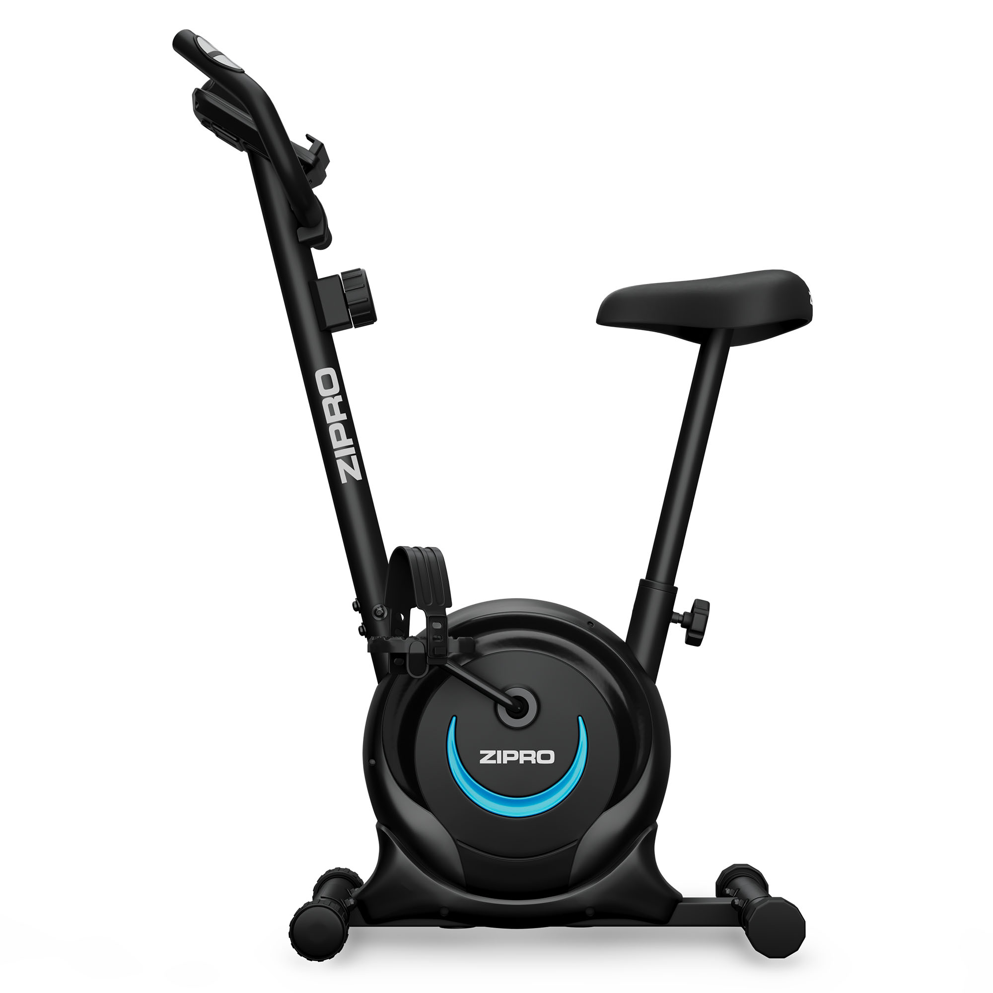 Una bicicleta estática negra con un acento azul. La bicicleta está sobre un fondo blanco. Tiene asiento y manillar.