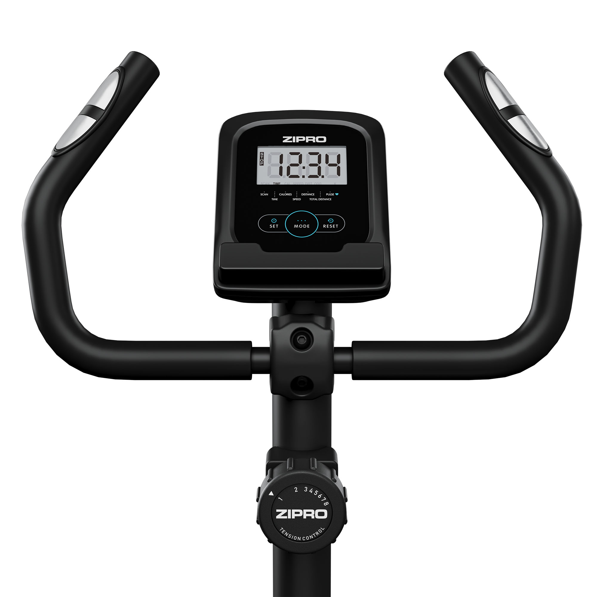 Bicicleta estática con marco negro y pantalla digital.