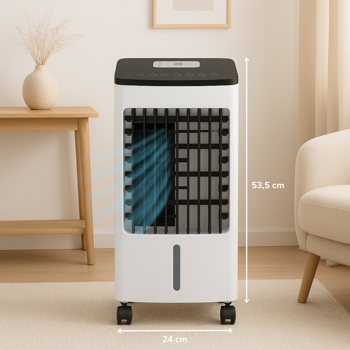 Refroidisseur d'air blanc et noir sur tapis. Dimensions : 53,5 cm de hauteur et 24 cm de largeur.