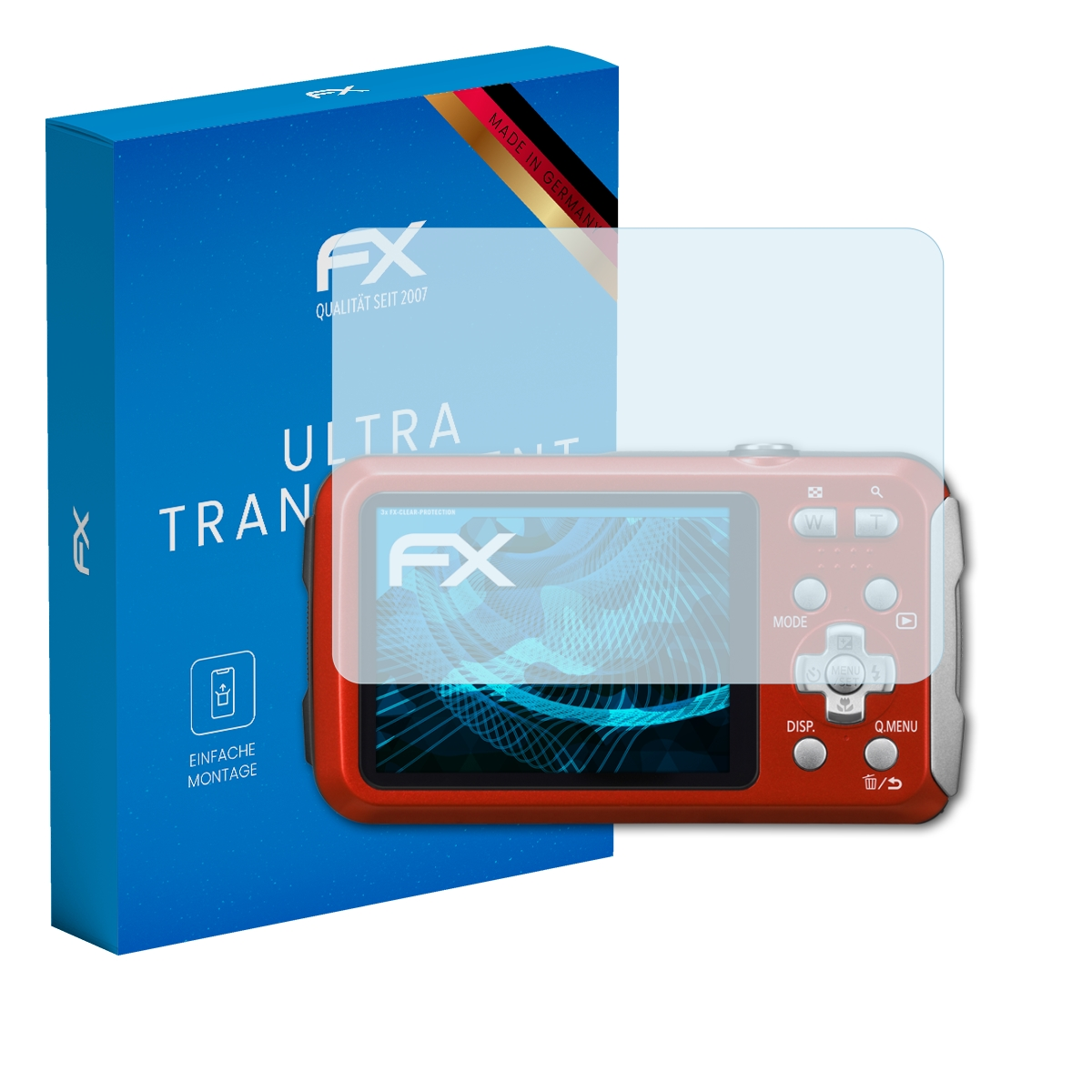 Eine Kamera mit Displayschutzfolie, eine Produktbox befindet sich links.