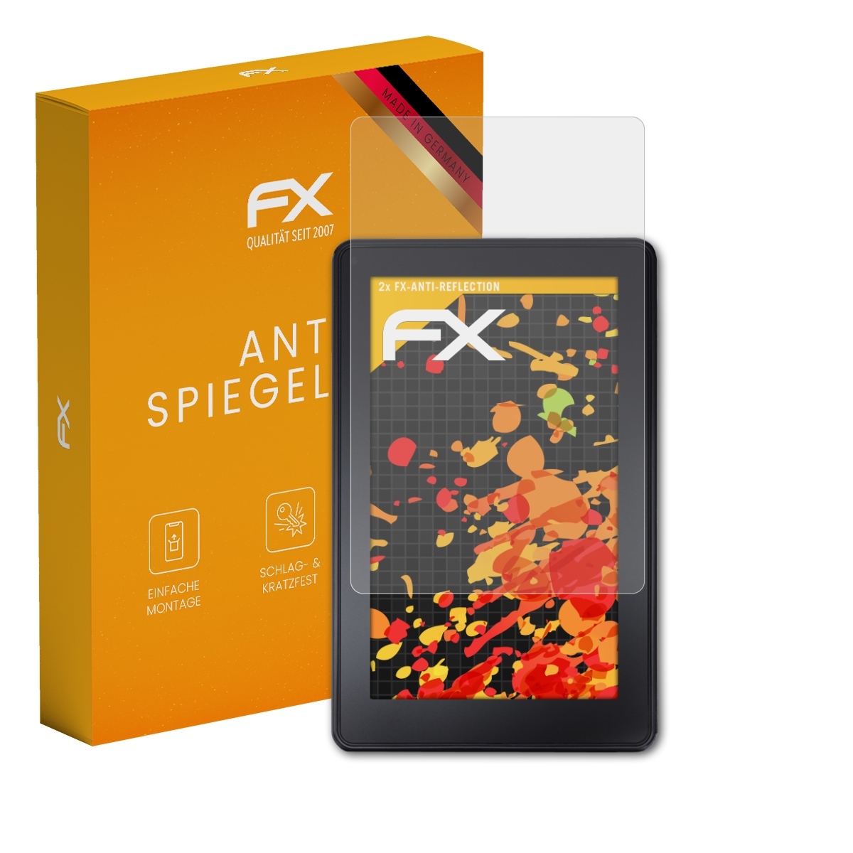 Ein E-Reader mit Displayschutz, eine orangefarbene Box mit Text und eine deutsche Flagge.