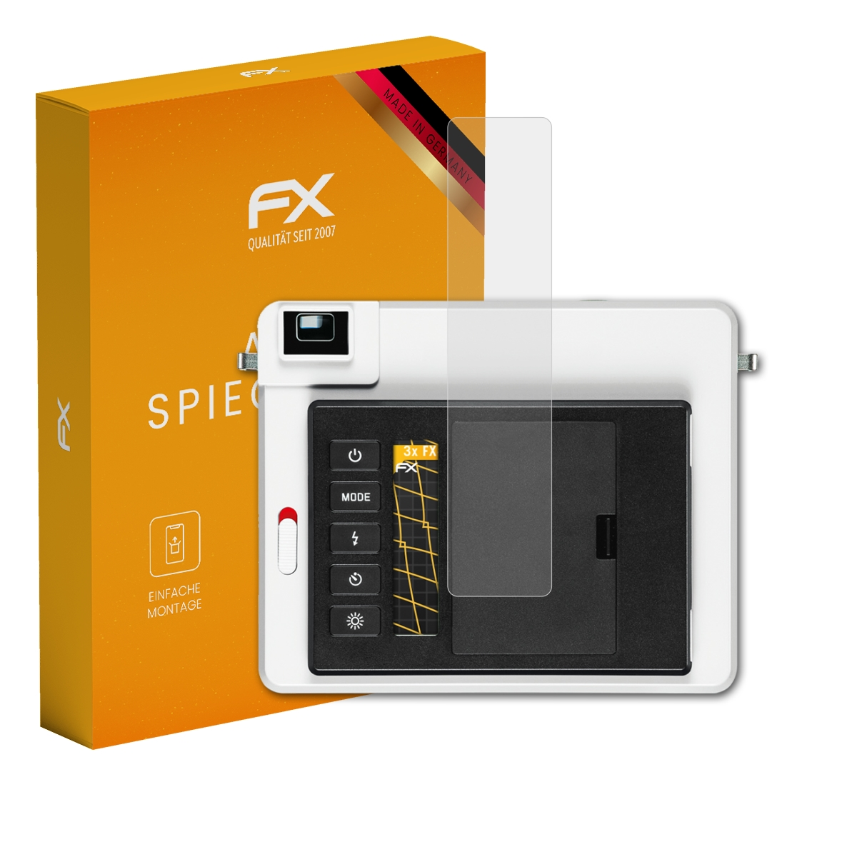 Eine weiße Kamera mit Displayschutz und eine orangefarbene Box mit dem FX-Logo und Text.