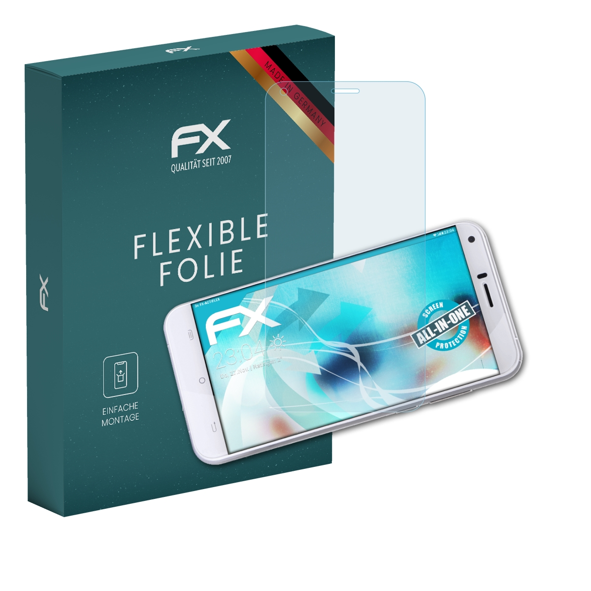 Telefon mit Displayschutz neben einer Box. Der Schutz bedeckt den Telefonbildschirm.