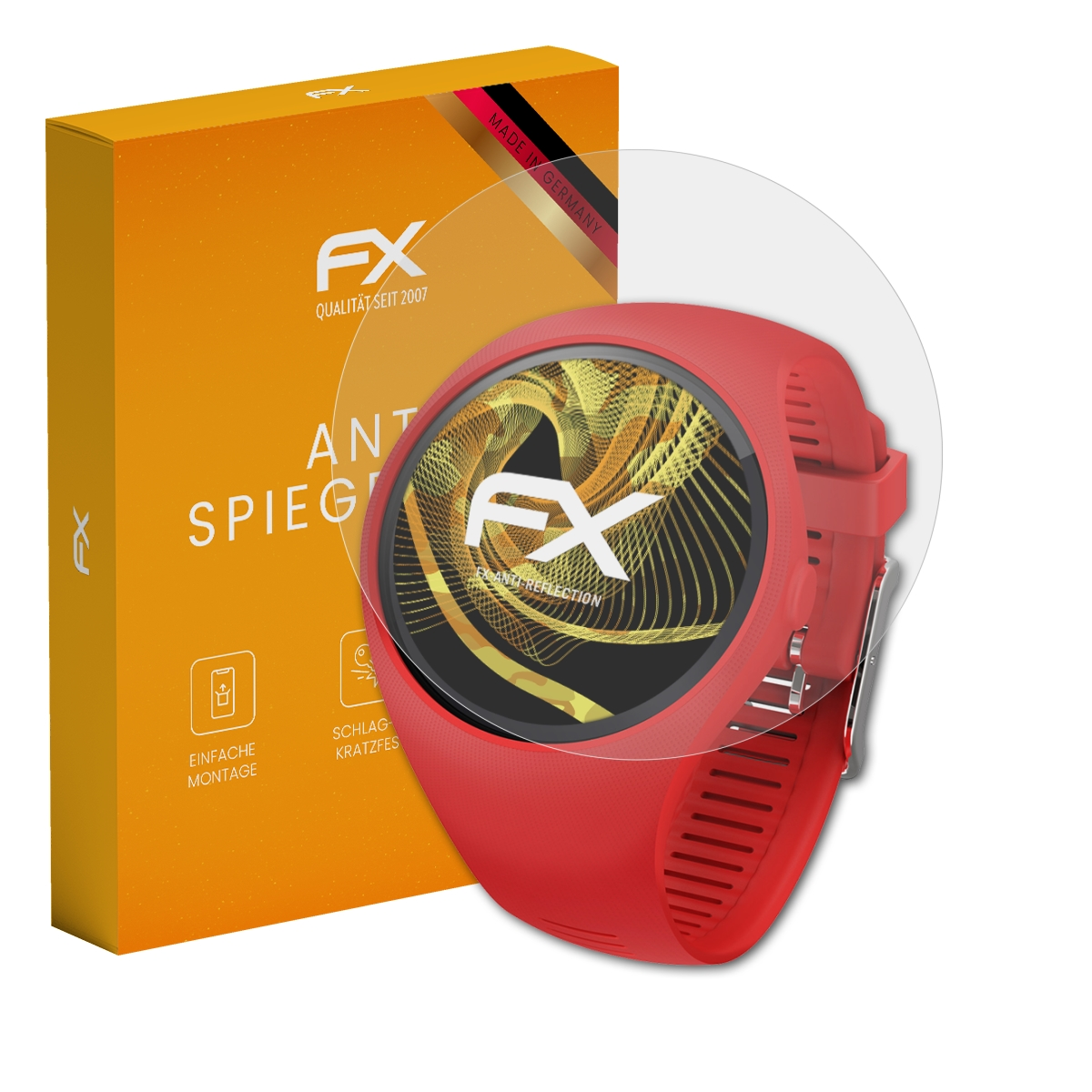 Rote Smartwatch mit Displayschutz, dahinter eine Schachtel.