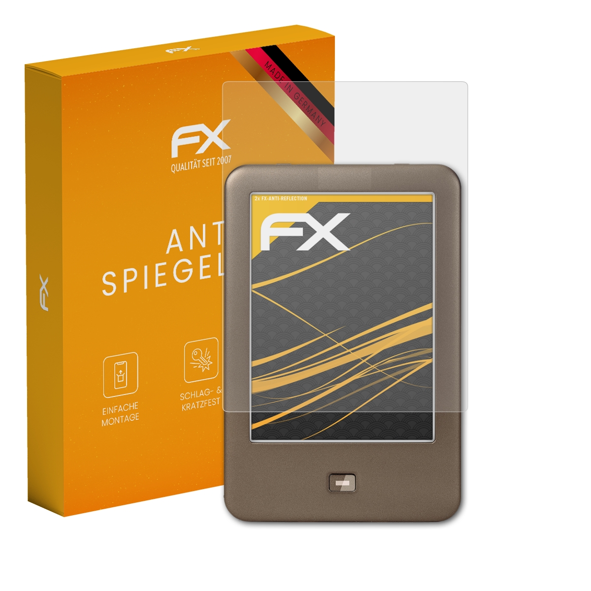 Ein Displayschutz und ein Gerät mit einer Box links. Auf der Box steht entspiegelt.