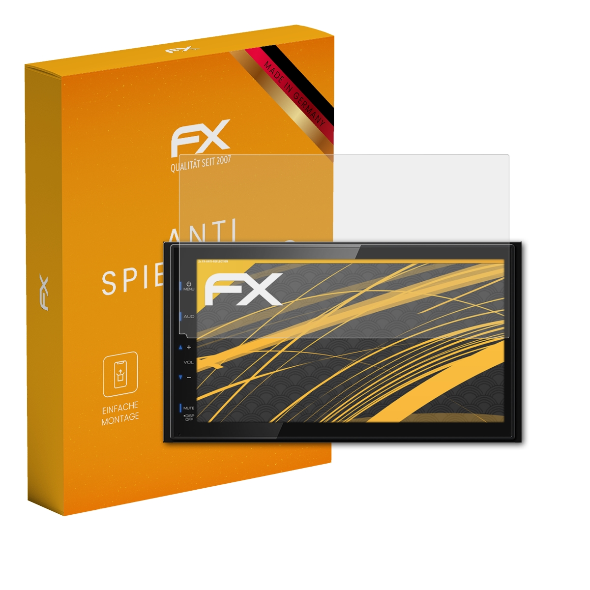 Orangefarbene Box und Gerät mit Displayschutz. Auf der Box steht 'FX'. Der Bildschirm zeigt gelbes Design.