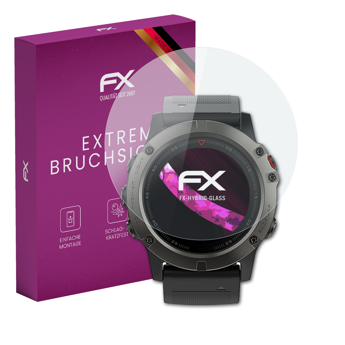 Violette Box und Uhr mit Displayschutz. Auf der Box steht 'FX'. Die Uhr ist schwarz und silber.