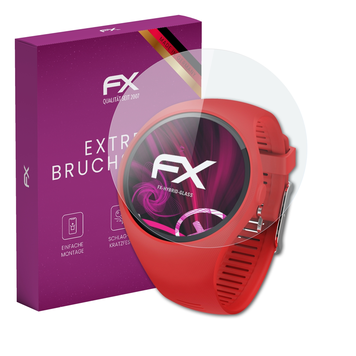 Eine rote Smartwatch mit Displayschutz und lila Box. Die Uhr hat ein rotes Armband. Der Displayschutz ist klar.