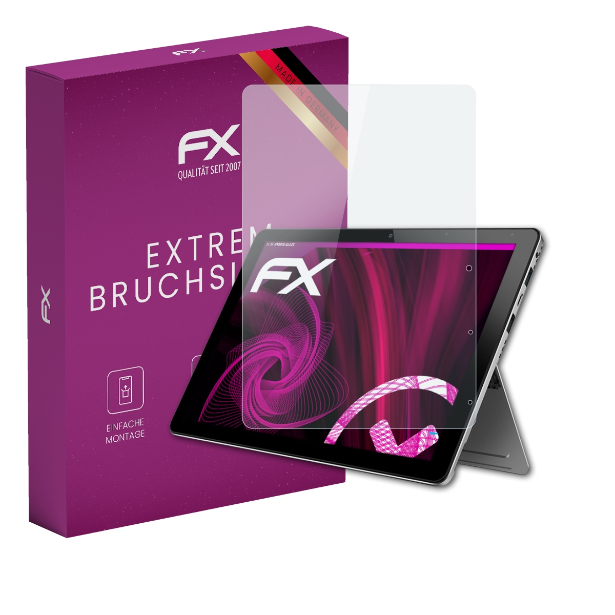 Tablet mit Displayschutzfolie und Verpackung, beide mit dem Markennamen 'FX'.