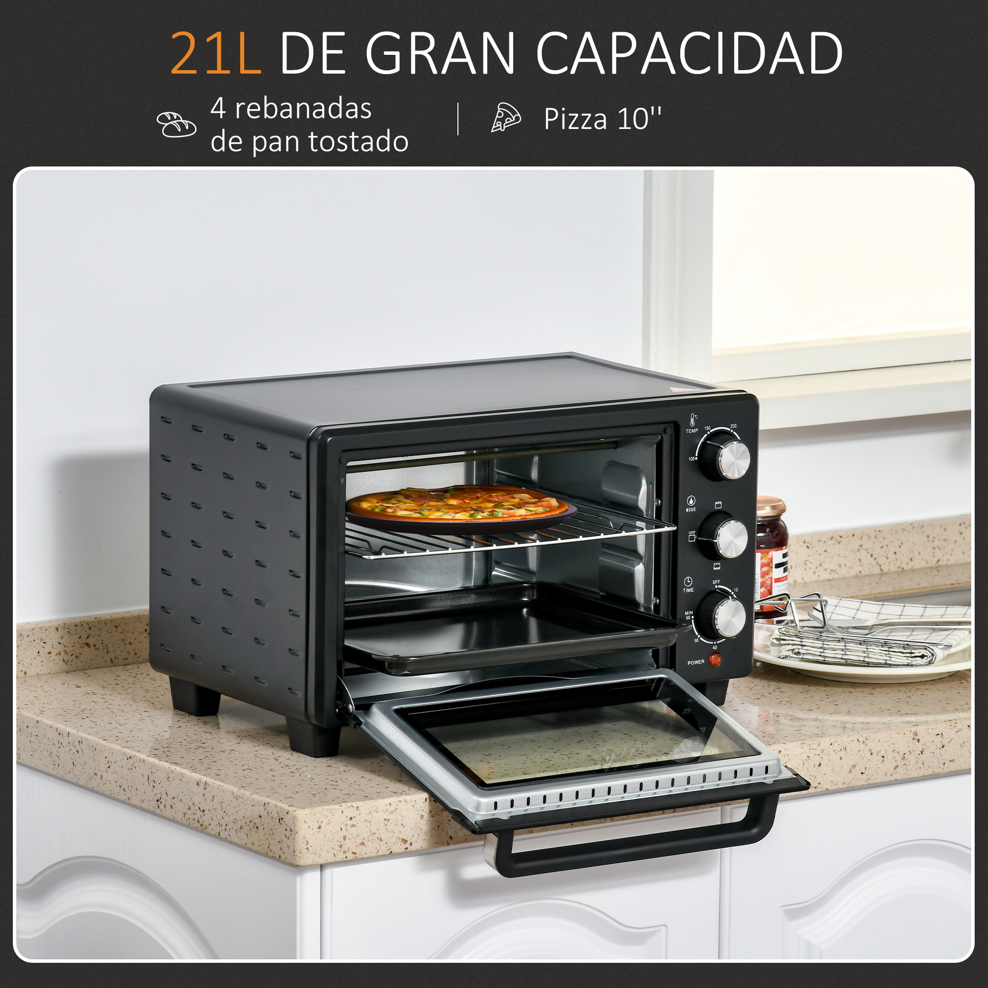 Horno tostador negro sobre encimera con controles, comida dentro y texto superpuesto.