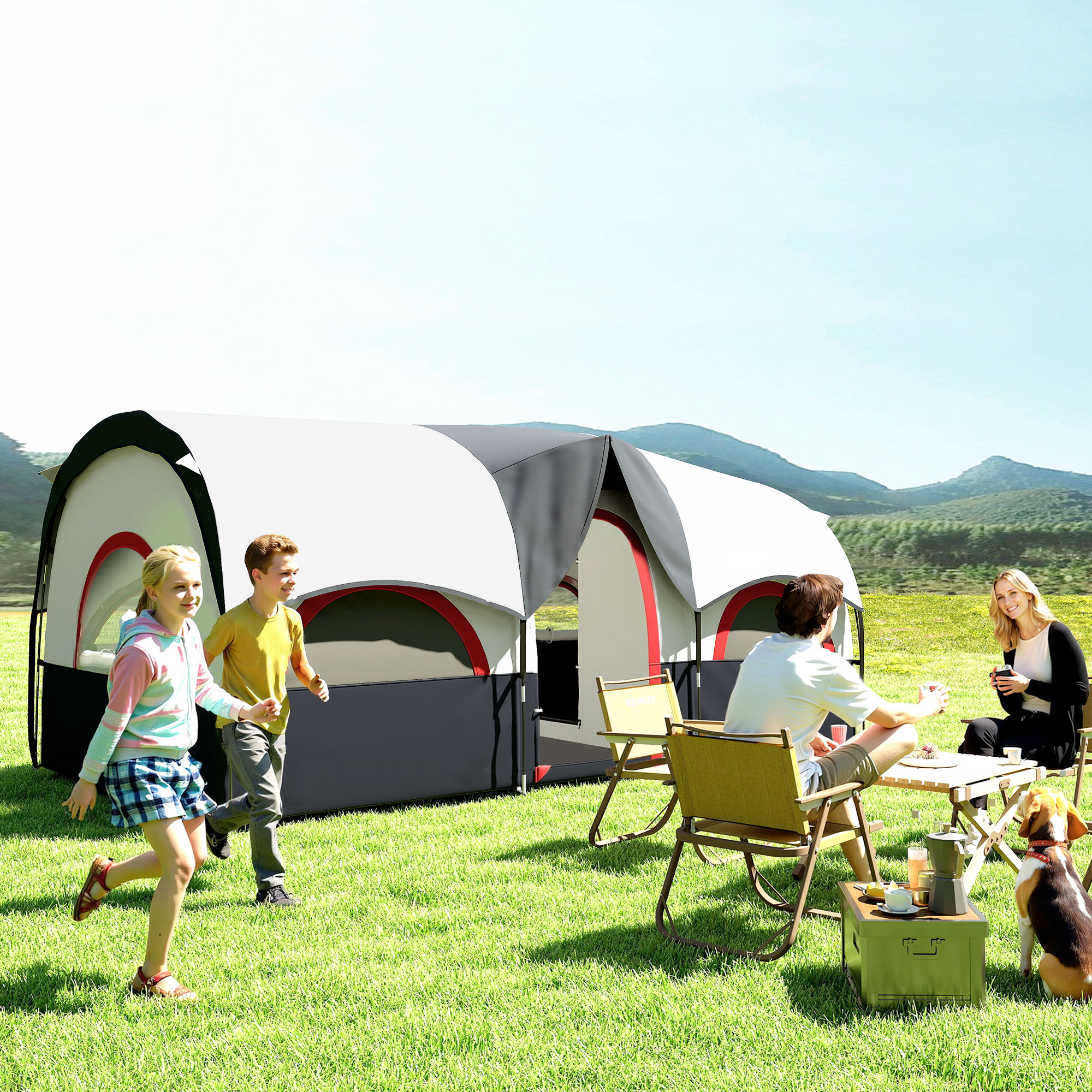 Familia acampando. Niños corriendo, padres en mesa, perro. Carpa grande, césped, día soleado.