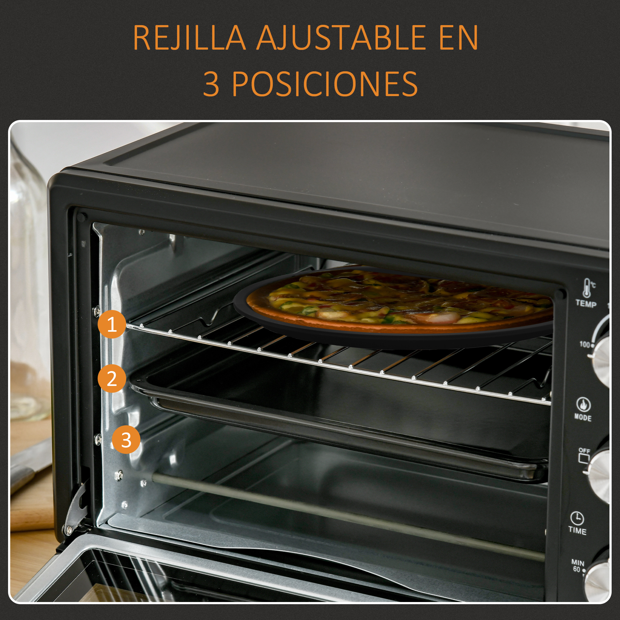 El interior del horno muestra una pizza en la rejilla superior, ajustable a tres posiciones.